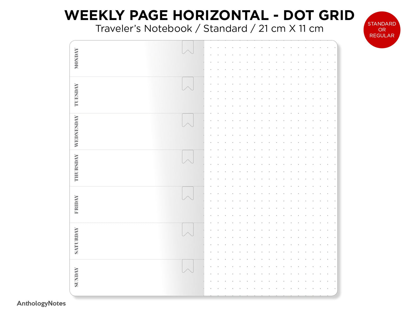 Weekly View Dot Grid Page, Wo1P - Traveler's Notebook Printable Insert Refill PDF - Standard Regular Size