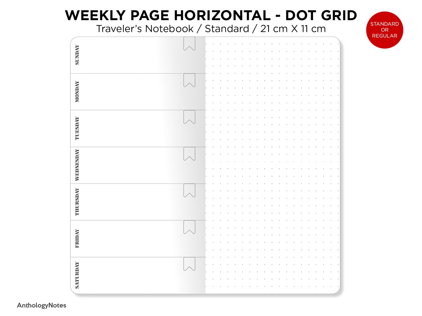 Weekly View Dot Grid Page, Wo1P - Traveler's Notebook Printable Insert Refill PDF - Standard Regular Size