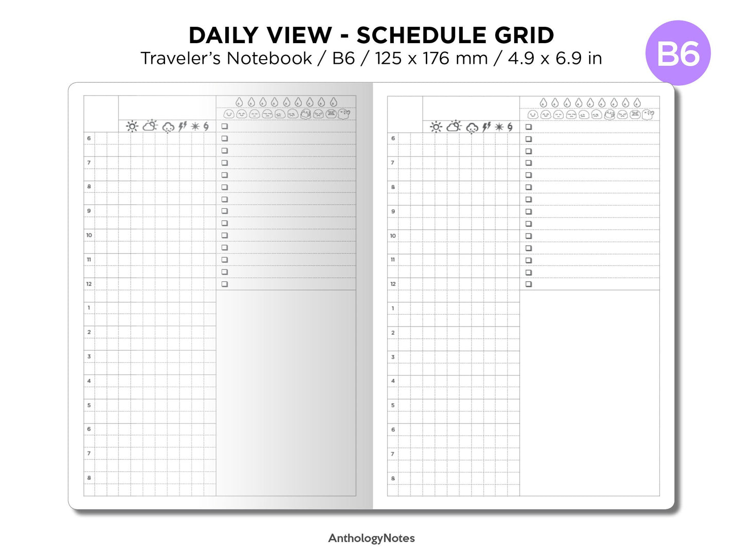 B6 DAILY Traveler's Notebook Printable Insert Schedule  Do1P Grid, Weather, Water, Mood Tracker