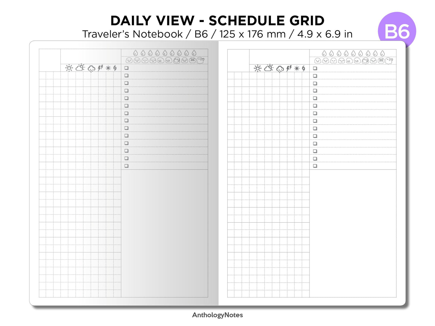 B6 DAILY Traveler's Notebook Printable Insert Schedule  Do1P Grid, Weather, Water, Mood Tracker