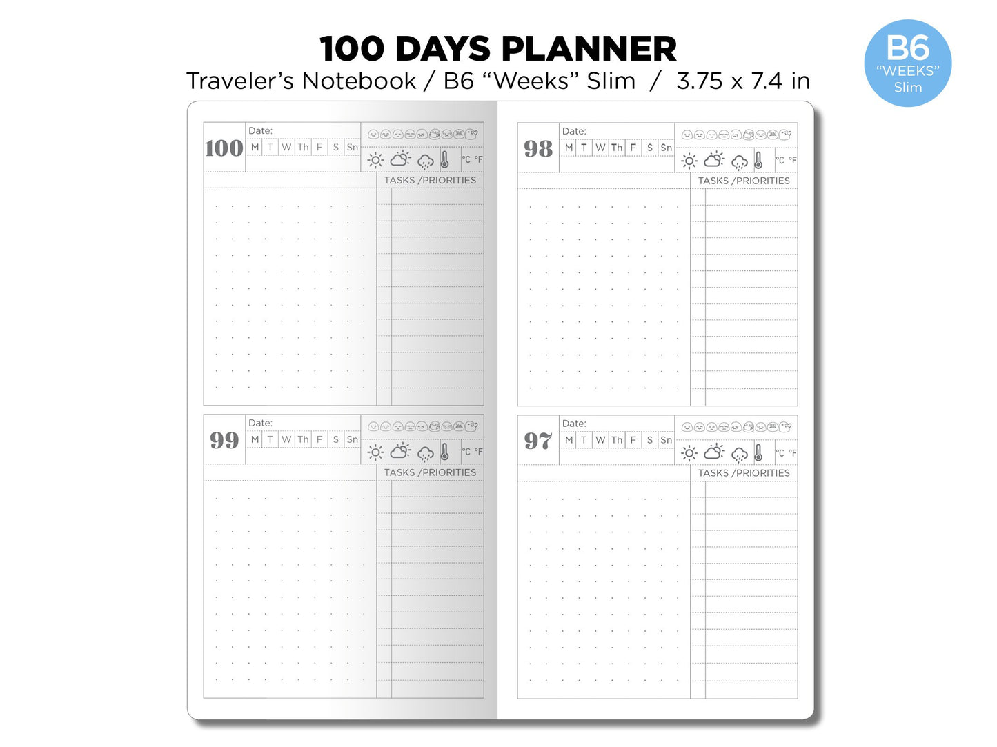 TN WEEKS Slim 100 Days Planner Traveler's Notebook Goal Tracking Count Down Planner Printable Diary Refill