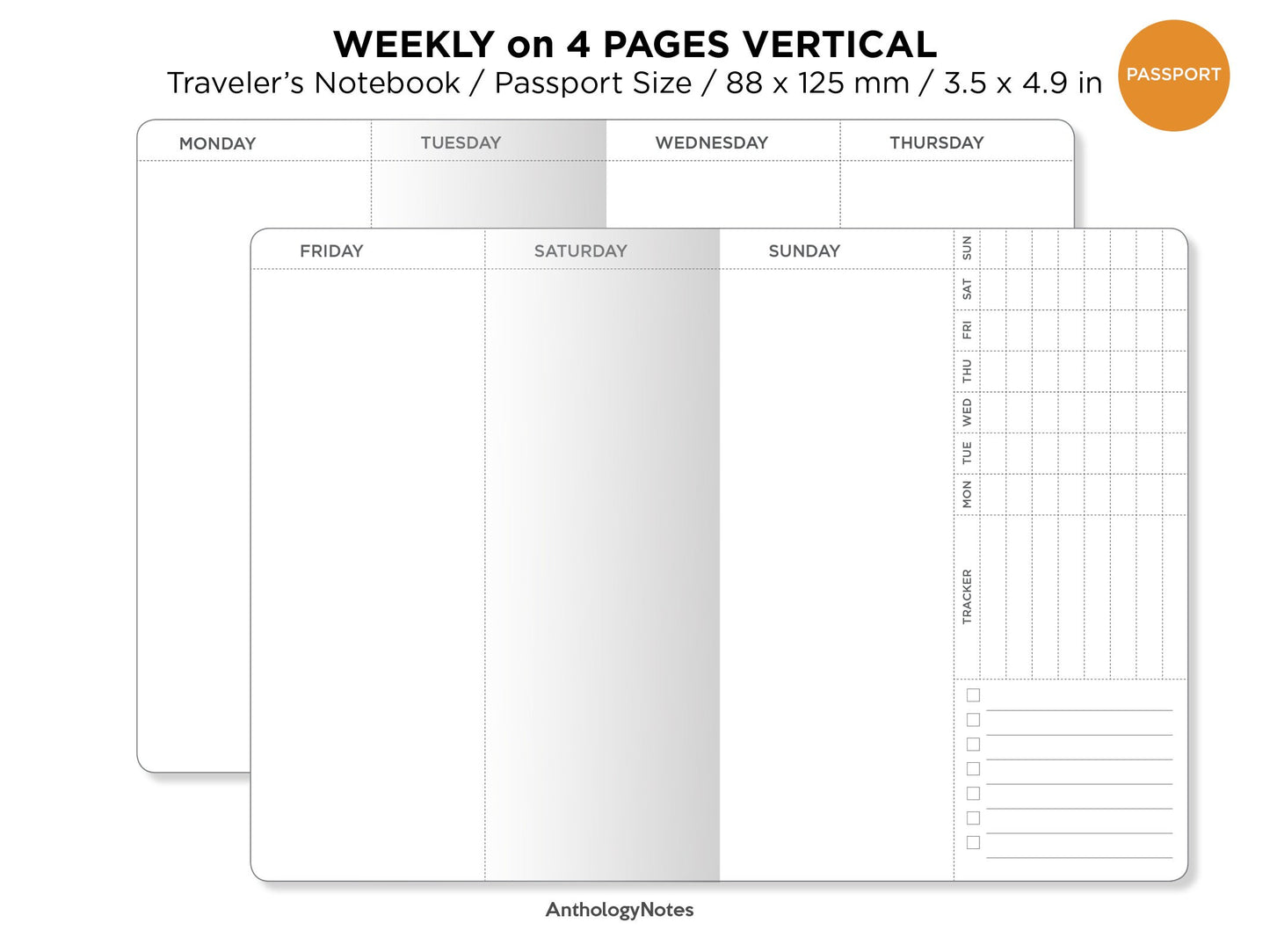 PASSPORT WEEKLY Vertical Traveler's Notebook Printable Insert with Tracker Minimalist Wo4P