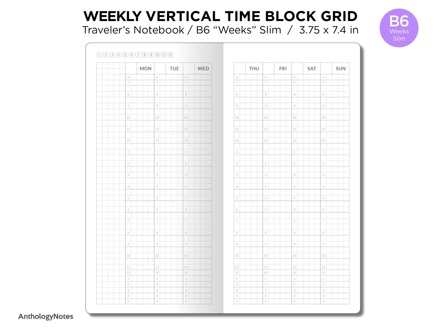 TN WEEKS Weekly TIME BLOCK Vertical Grid Printable Traveler's Notebook Insert