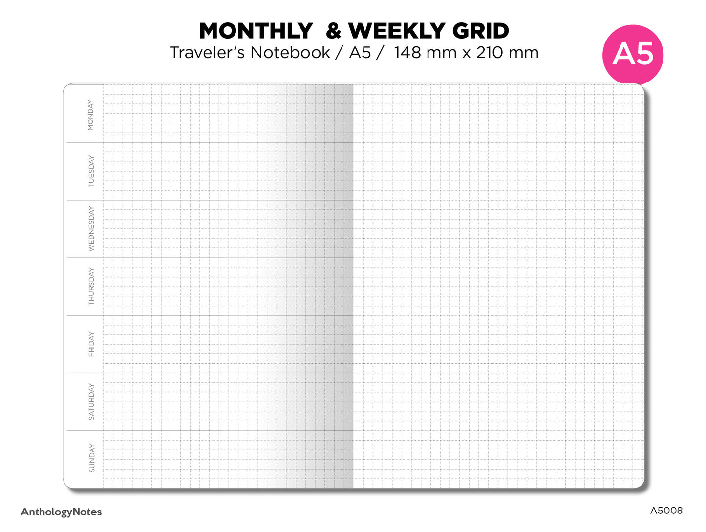 A5 Weekly & Monthly Planner Undated Traveler's Notebook Printable Insert Refill GRID Minimalist Sunday or Monday Start A5008