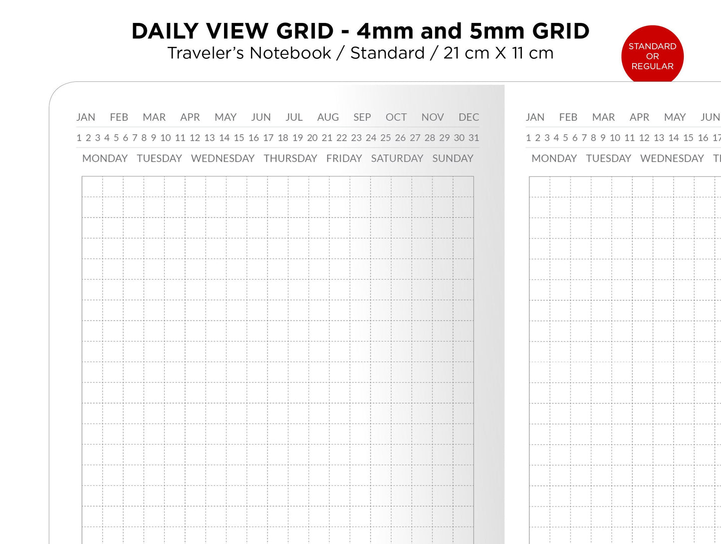 Daily View GRID Traveler's Notebook Printable Insert Standard Size Minimalist, 4 mm x 4 mm and 5 mm x 5 mm