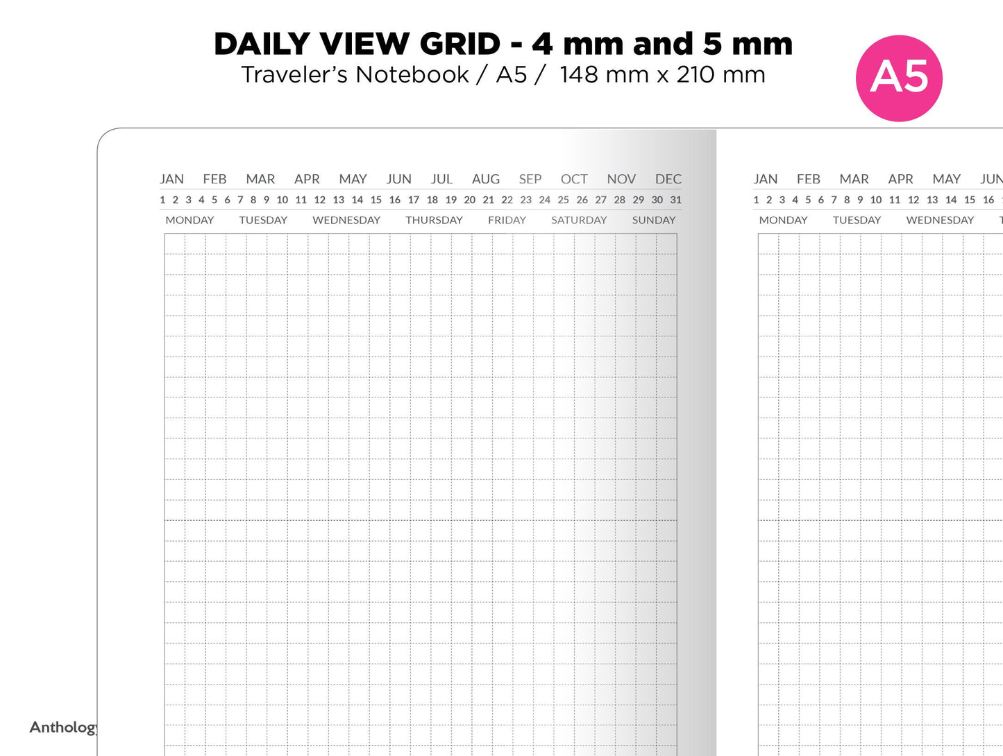 A5 TN Daily View GRID Traveler's Notebook Printable Insert Minimalist, 4 mm x 4 mm and 5 mm x 5 mm A5009