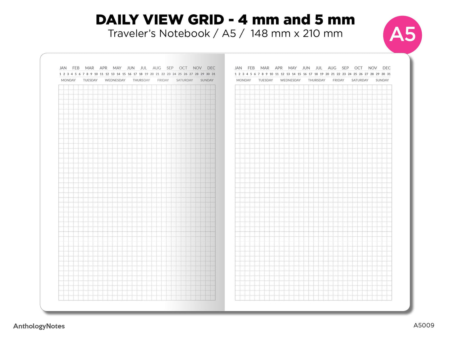 A5 TN Daily View GRID Traveler's Notebook Printable Insert Minimalist, 4 mm x 4 mm and 5 mm x 5 mm A5009