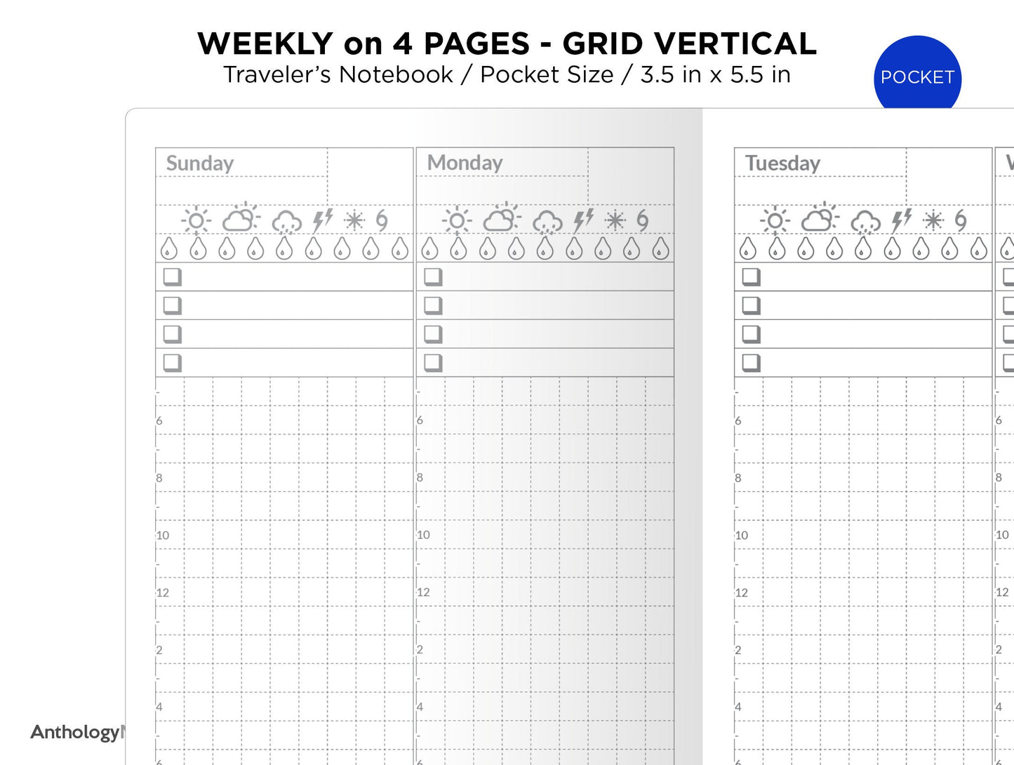 TN POCKET Weekly View Wo4P Printable Insert Traveler's Notebook Tracker Minimalist Vertical GRID