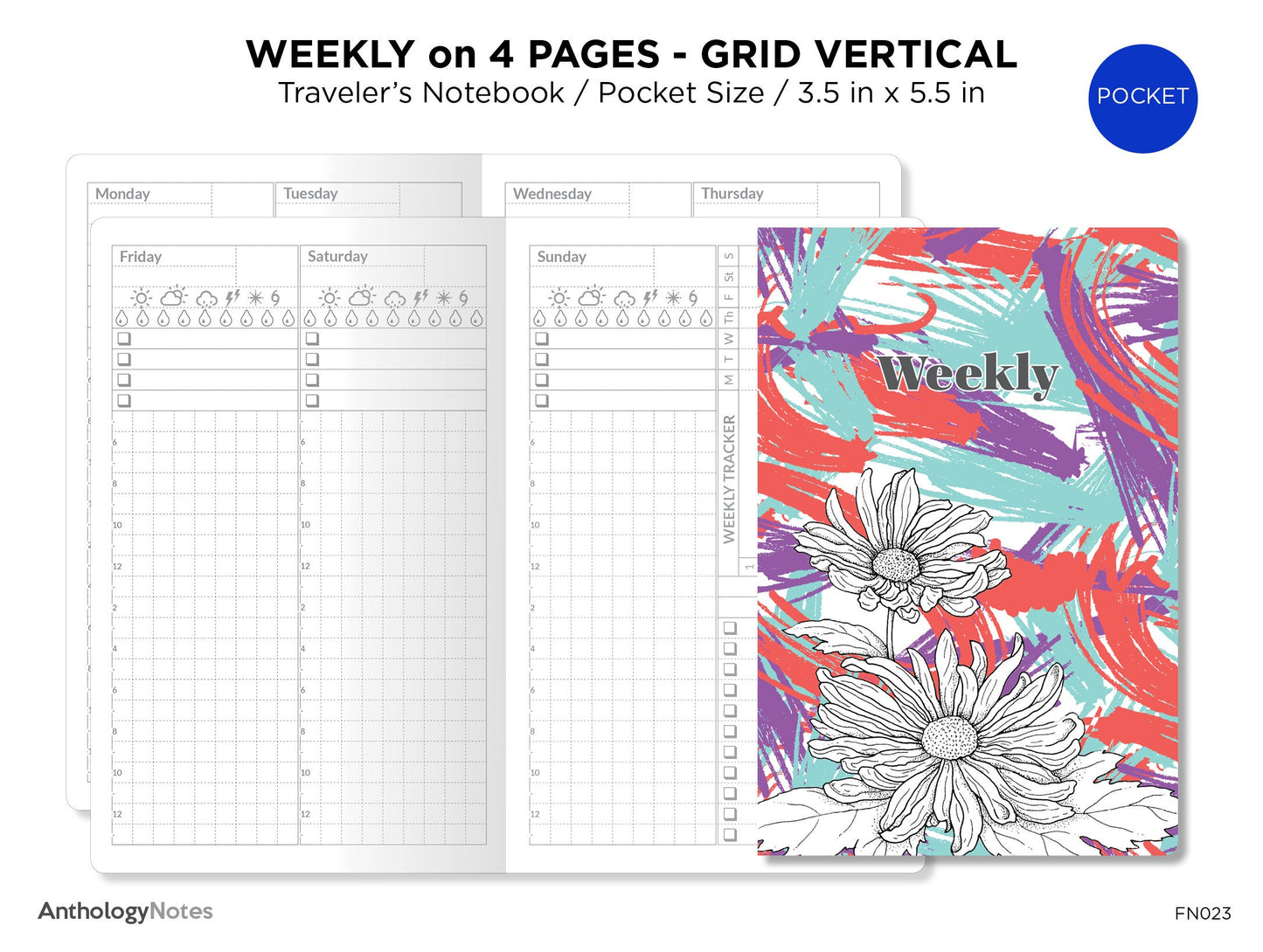 TN POCKET Weekly View Wo4P Printable Insert Traveler's Notebook Tracker Minimalist Vertical GRID