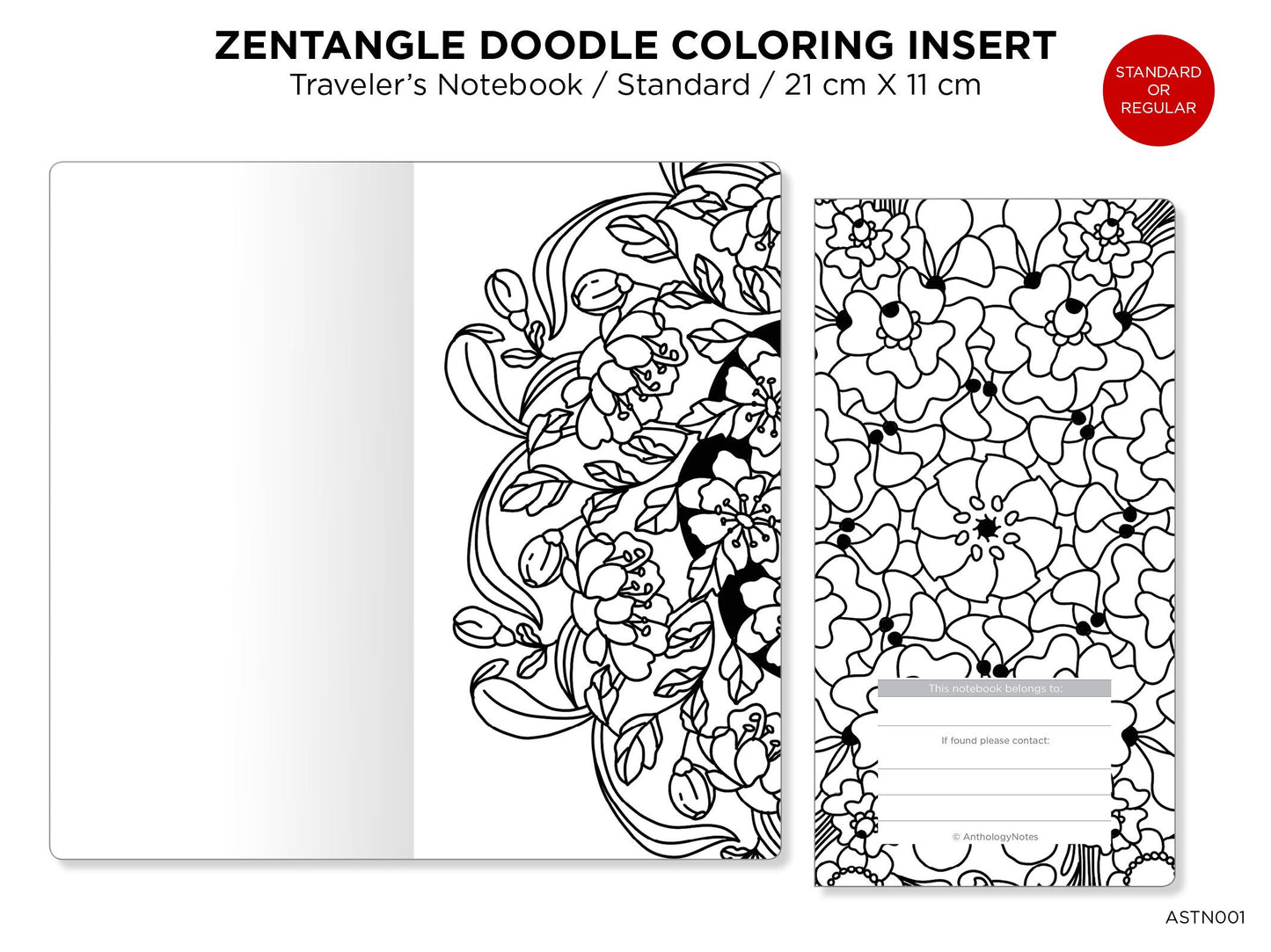 Zen MANDALA Doodles COLORING Activity TN Insert Standard Size Traveler's Notebook