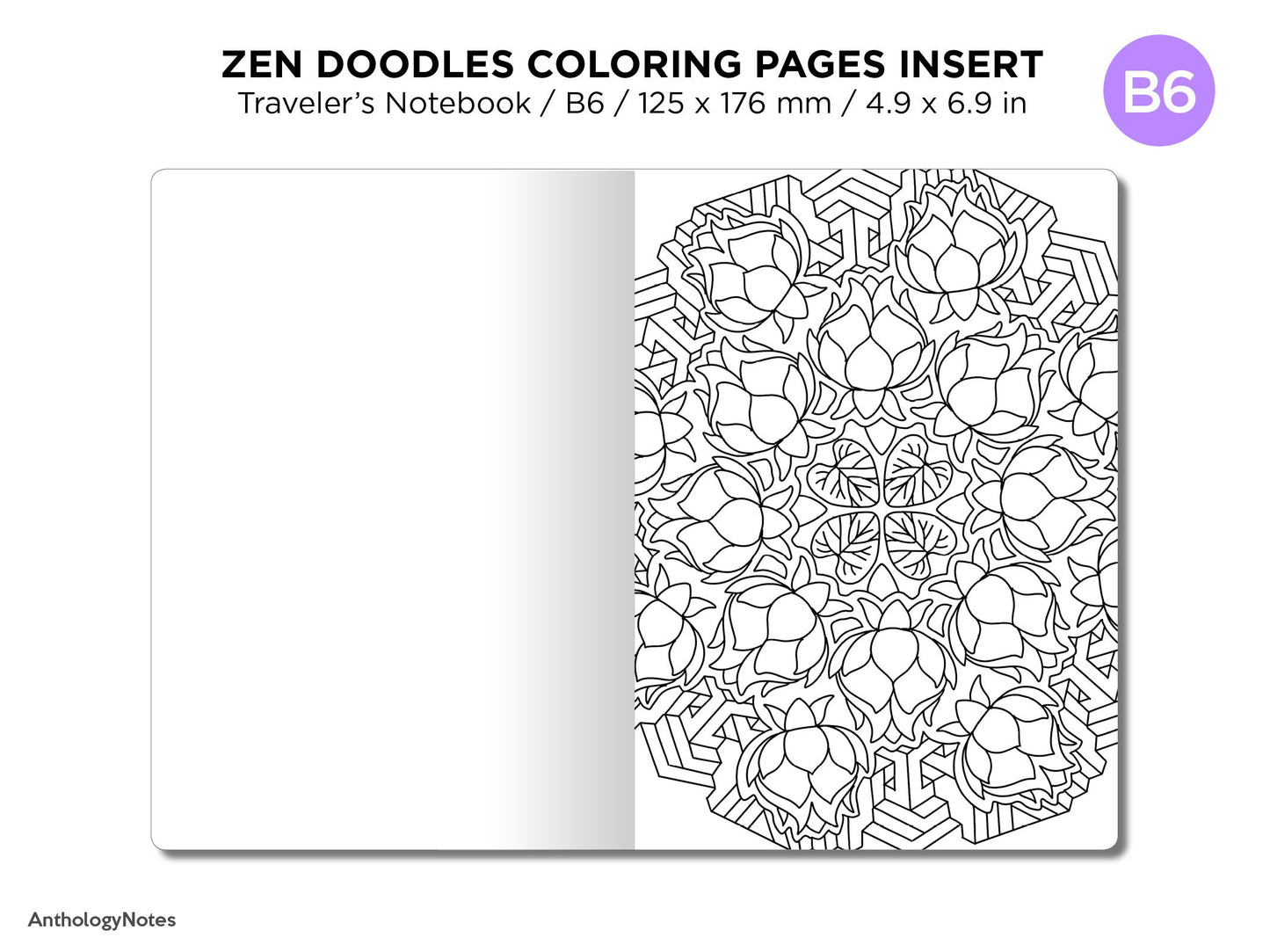 B6 Zen MANDALA Doodles COLORING Activity TN Insert Traveler's Notebook