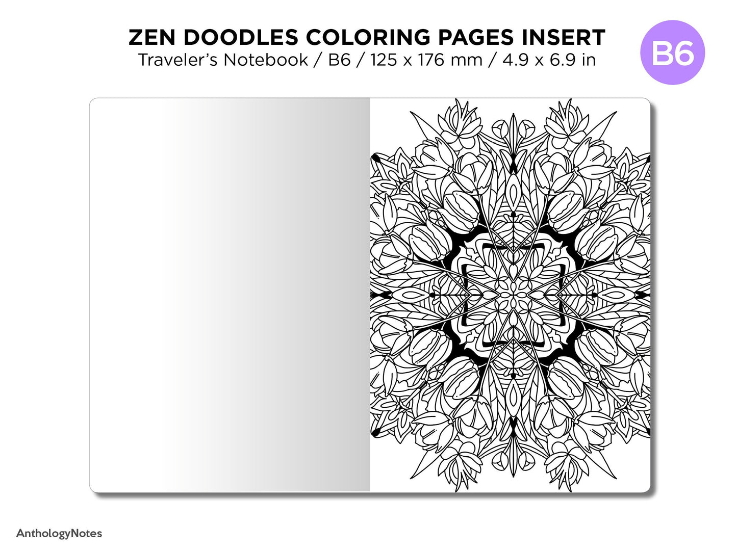 B6 Zen MANDALA Doodles COLORING Activity TN Insert Traveler's Notebook