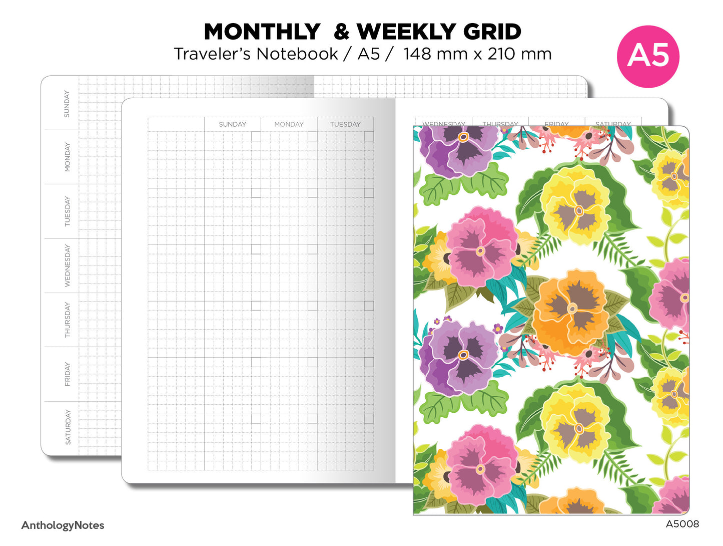 A5 Weekly & Monthly Planner Undated Traveler's Notebook Printable Insert Refill GRID Minimalist Sunday or Monday Start A5008