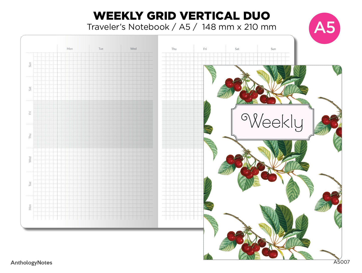 A5 Weekly View GRID Dual Layout Printable Traveler's Notebook Undated A5007