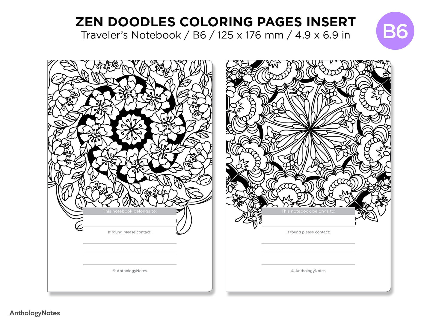 B6 Zen MANDALA Doodles COLORING Activity TN Insert Traveler's Notebook