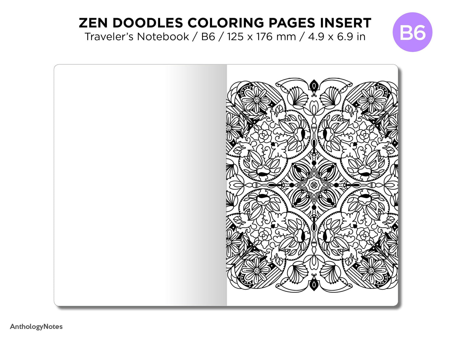 B6 Zen MANDALA Doodles COLORING Activity TN Insert Traveler's Notebook