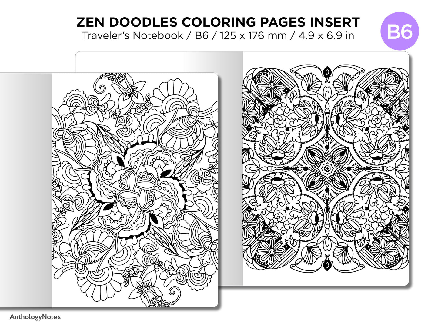 B6 Zen MANDALA Doodles COLORING Activity TN Insert Traveler's Notebook