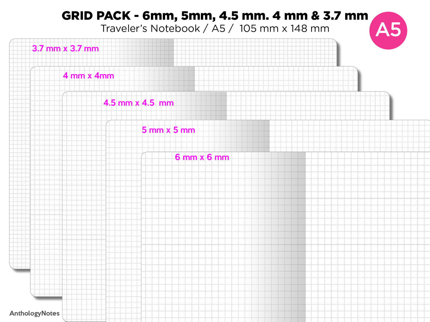 A5 Size Traveler's Notebook Printable Classic Grid Lines BUNDLE SET - Printable PDF Planner