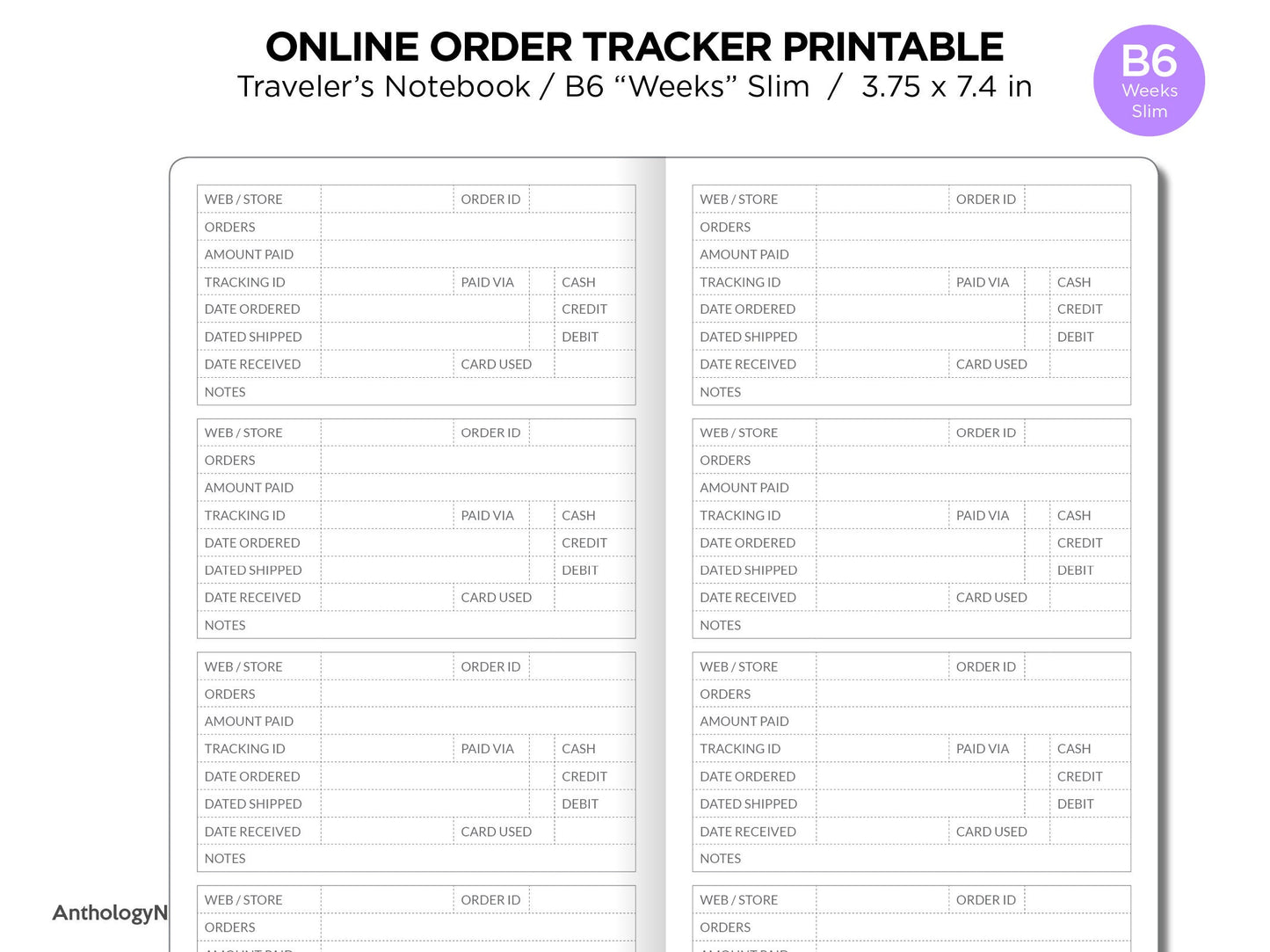 TN WEEKS Online Order Tracker Traveler's Notebook Printable Insert Minimalist Functional