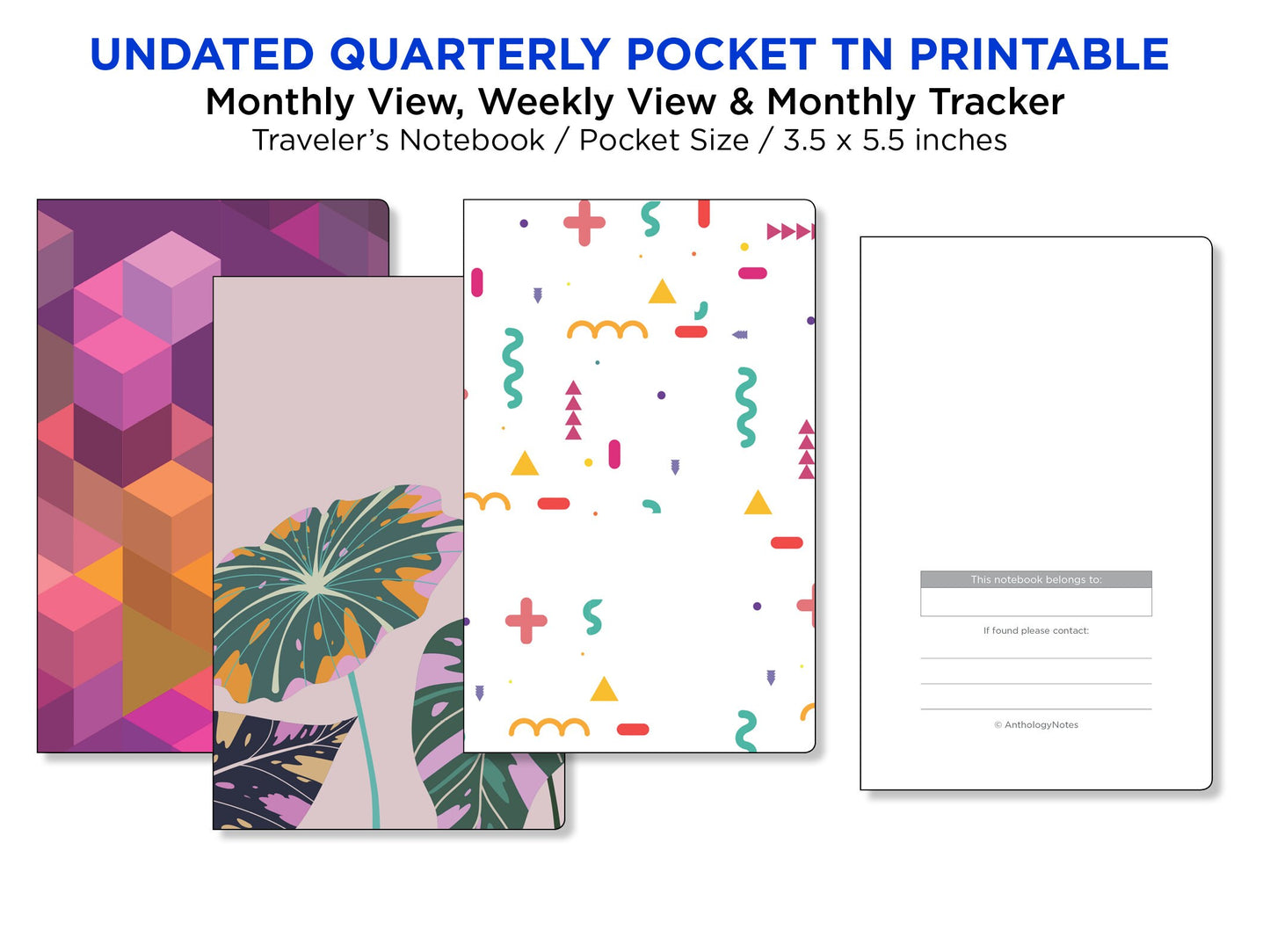 Quarterly POCKET Traveler's Notebook - Monthly View, Weekly View and Monthly Tracker PRINTABLE Undated Insert