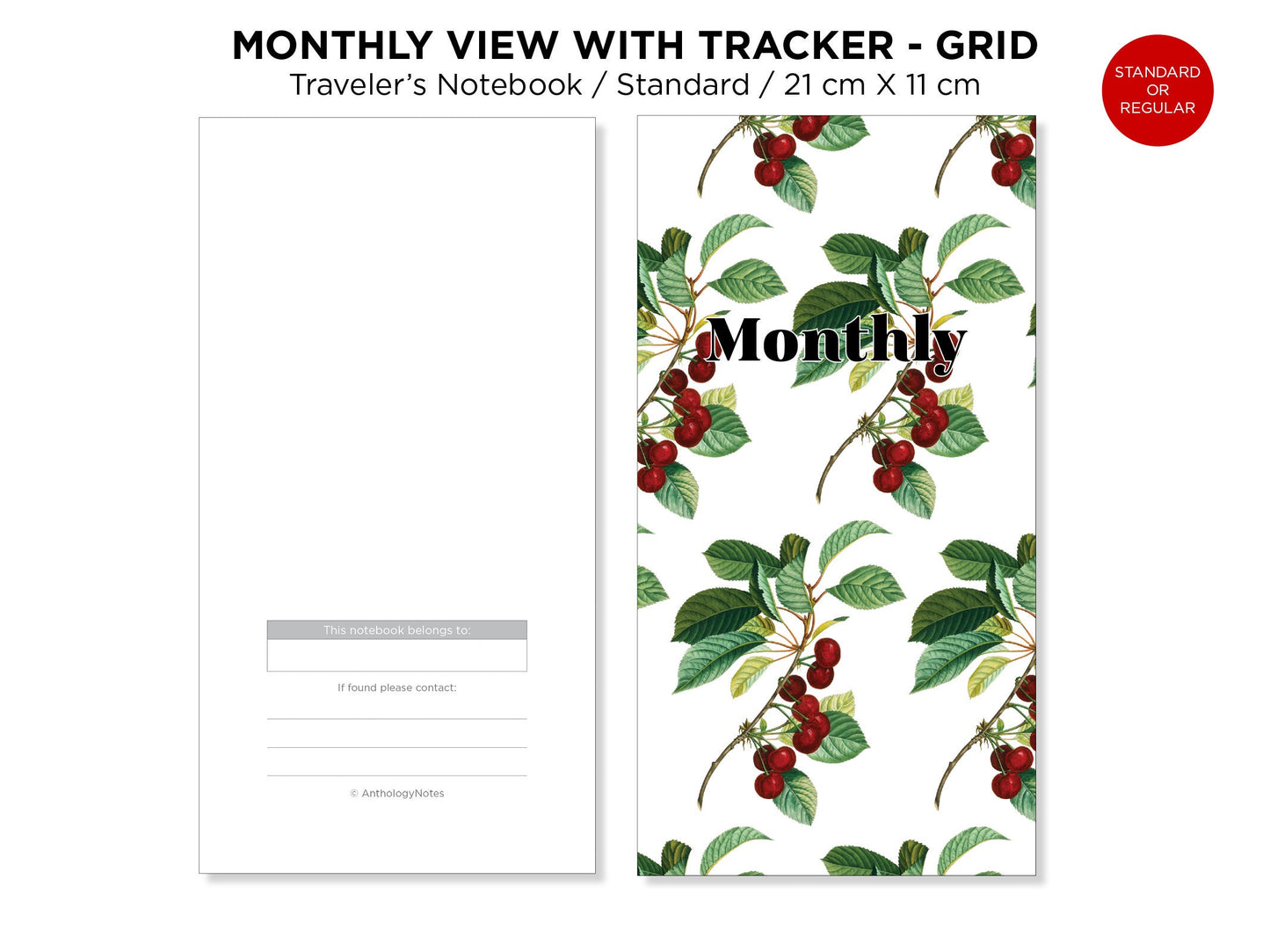 Monthly View With Tracker GRID Traveler's Notebook Printable Insert Standard Size Functional Grid