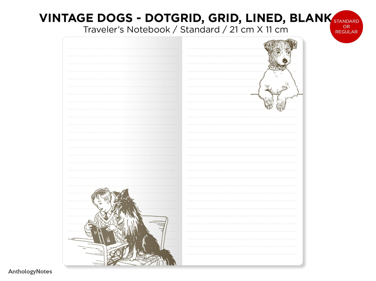 Traveler's Notebook Printable Insert, Vintage Dogs Pet, Dog Lover's Art Journal, Dot Grid, Grid, Lined