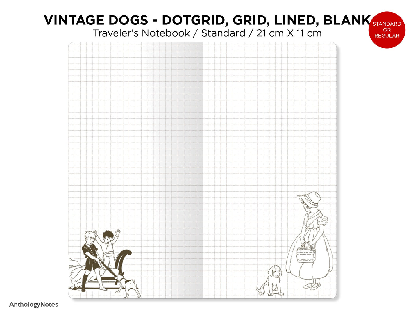 Traveler's Notebook Printable Insert, Vintage Dogs Pet, Dog Lover's Art Journal, Dot Grid, Grid, Lined