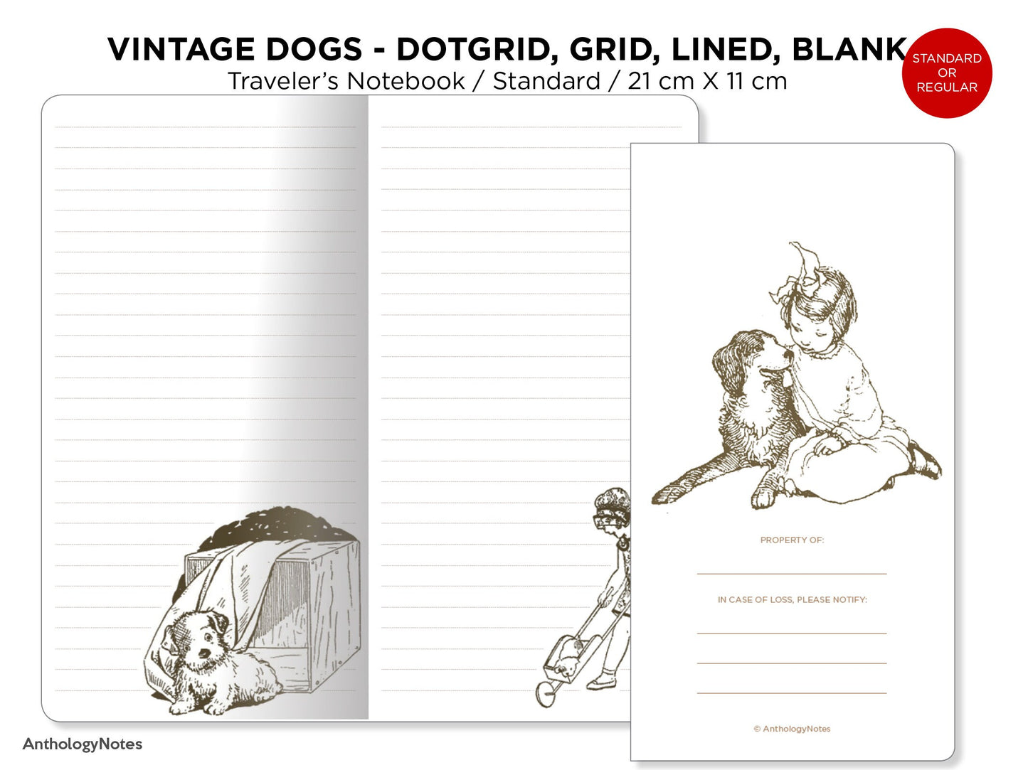 Traveler's Notebook Printable Insert, Vintage Dogs Pet, Dog Lover's Art Journal, Dot Grid, Grid, Lined