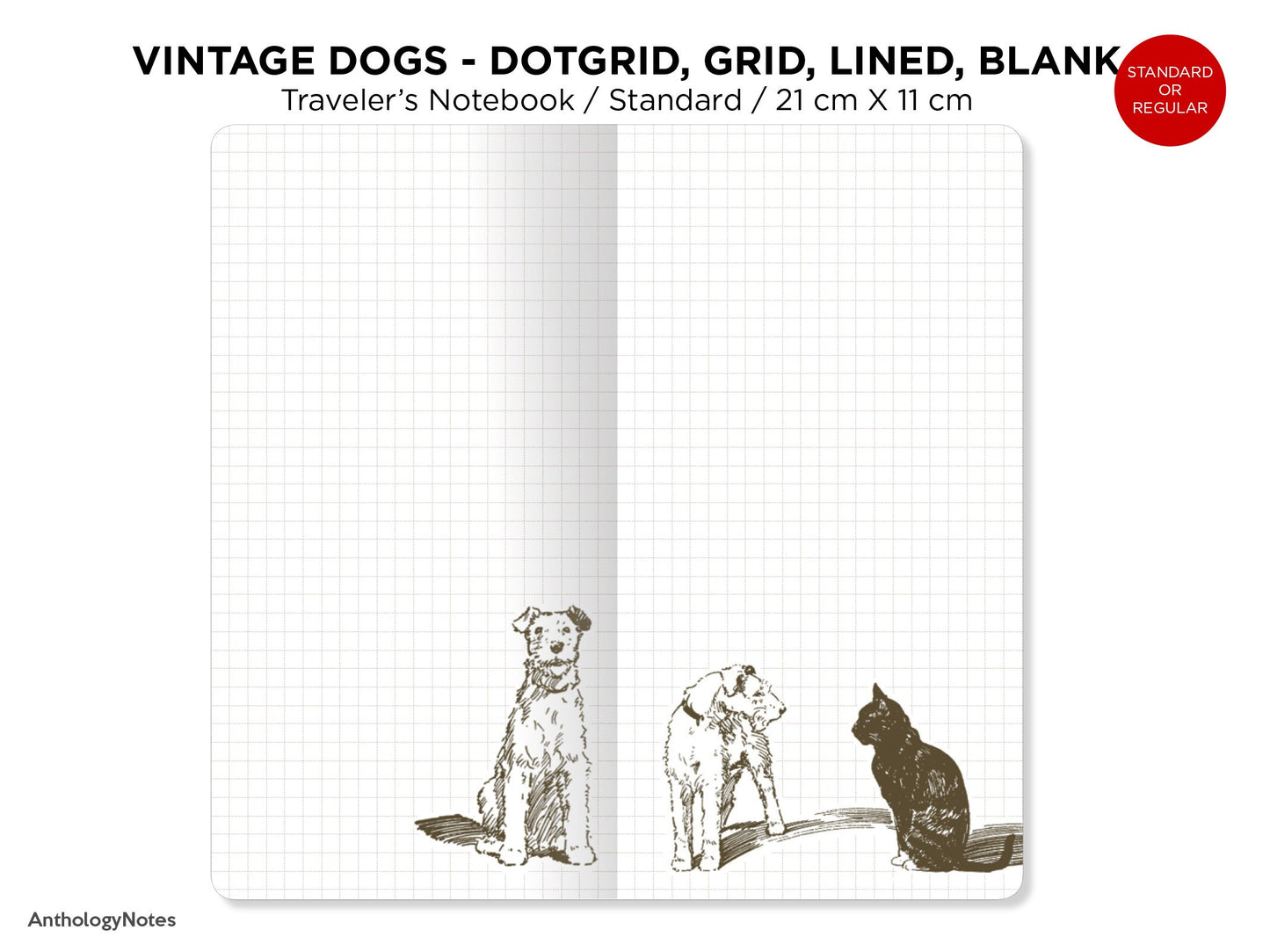 Traveler's Notebook Printable Insert, Vintage Dogs Pet, Dog Lover's Art Journal, Dot Grid, Grid, Lined