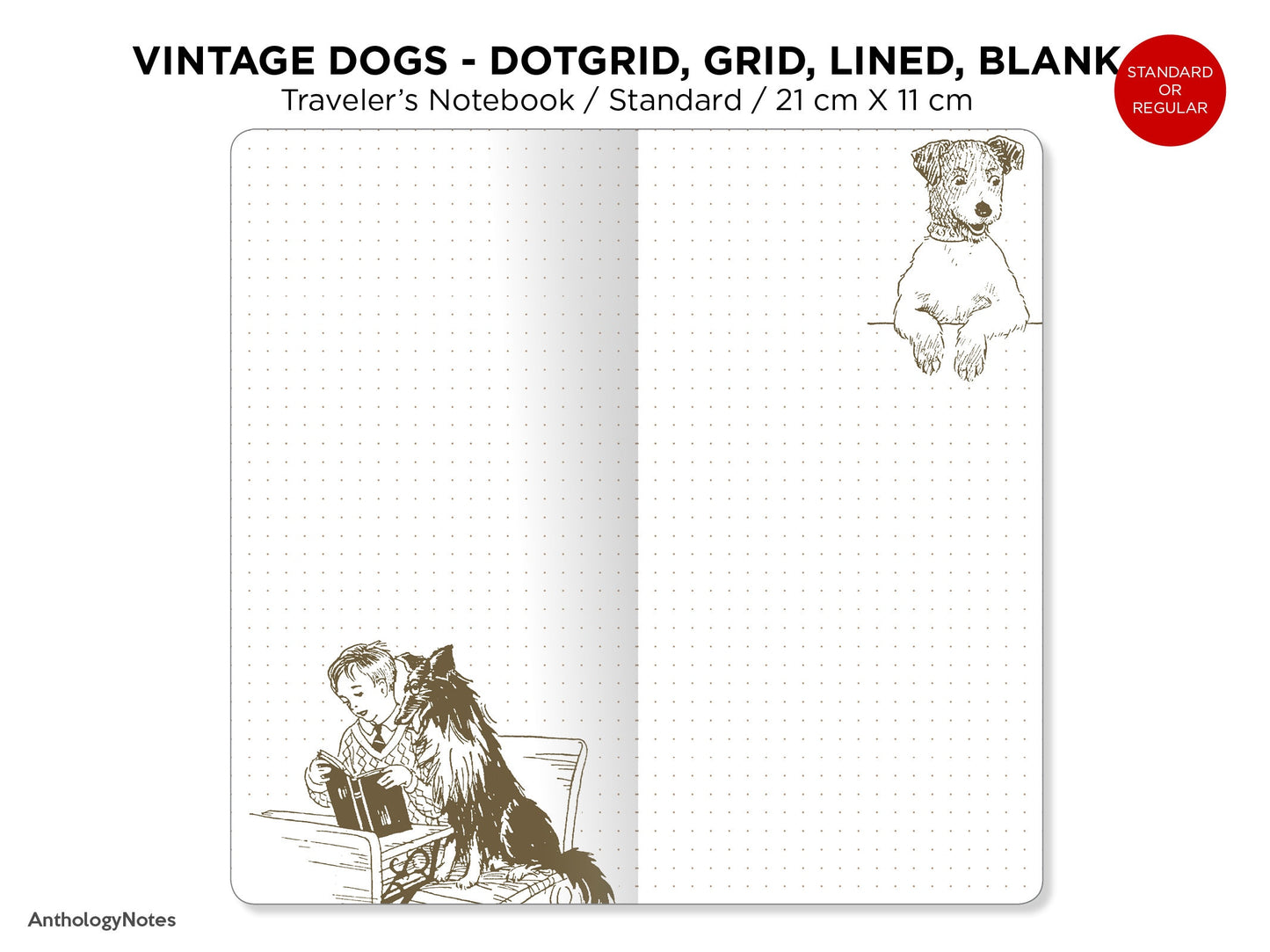 Traveler's Notebook Printable Insert, Vintage Dogs Pet, Dog Lover's Art Journal, Dot Grid, Grid, Lined