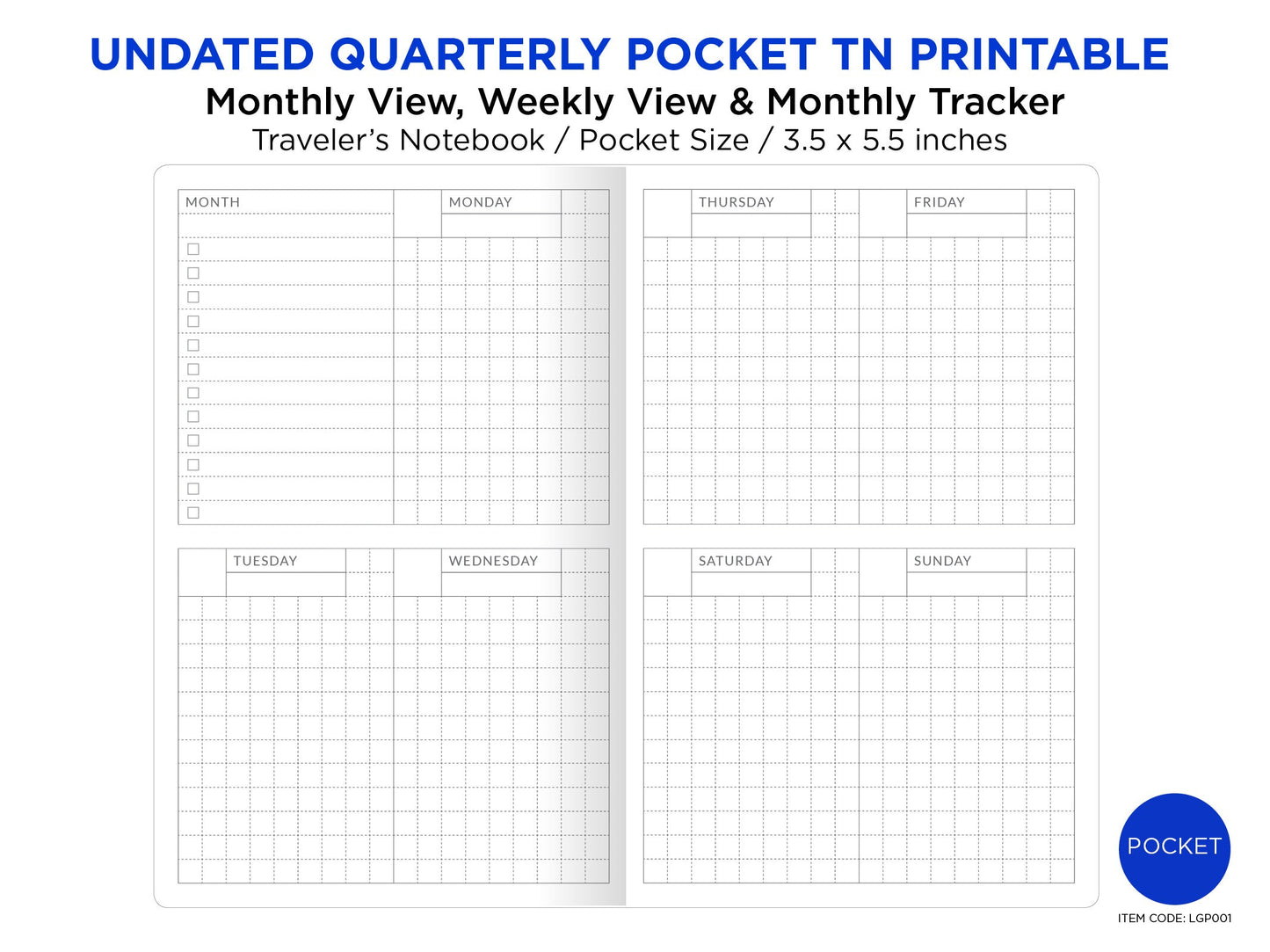 Quarterly POCKET Traveler's Notebook - Monthly View, Weekly View and Monthly Tracker PRINTABLE Undated Insert