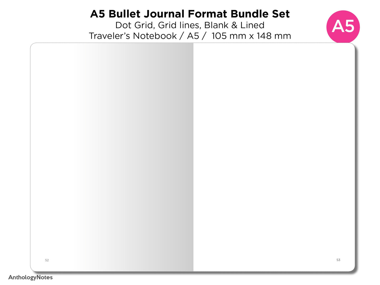 A5 Traveler's Notebook BU JO Format Bundle Set - Grid, Blank, Dot Grid, Blank - Printable Insert BA5001-Bujo