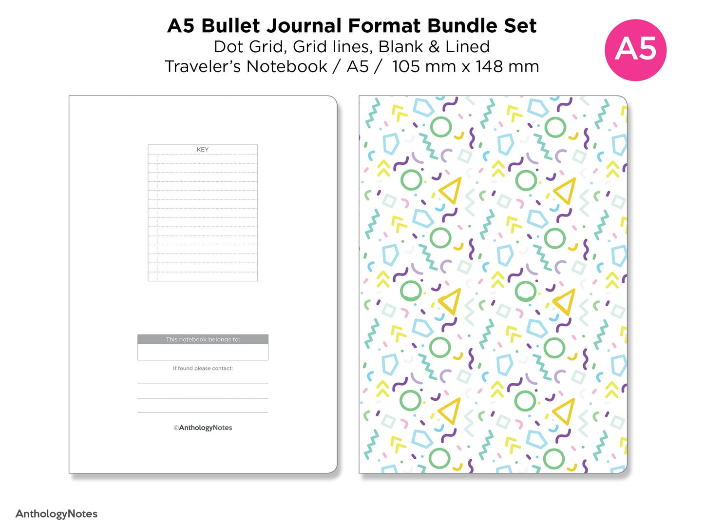 A5 Traveler's Notebook BU JO Format Bundle Set - Grid, Blank, Dot Grid, Blank - Printable Insert BA5001-Bujo