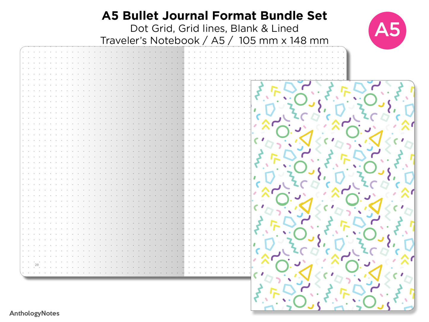 A5 Traveler's Notebook BU JO Format Bundle Set - Grid, Blank, Dot Grid, Blank - Printable Insert BA5001-Bujo