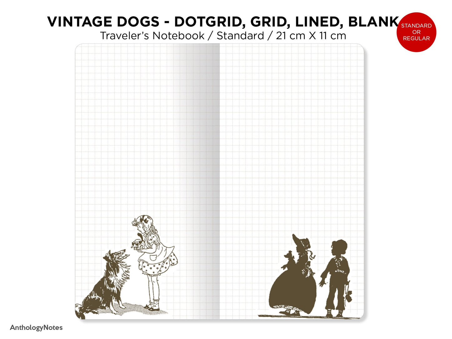 Traveler's Notebook Printable Insert, Vintage Dogs Pet, Dog Lover's Art Journal, Dot Grid, Grid, Lined