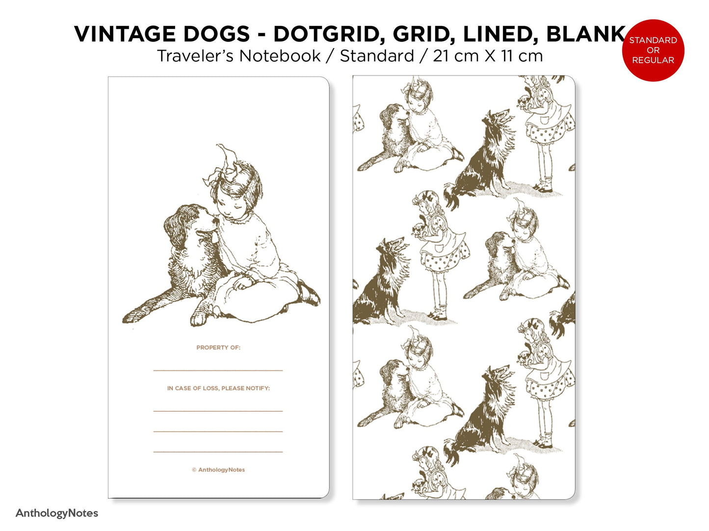 Traveler's Notebook Printable Insert, Vintage Dogs Pet, Dog Lover's Art Journal, Dot Grid, Grid, Lined