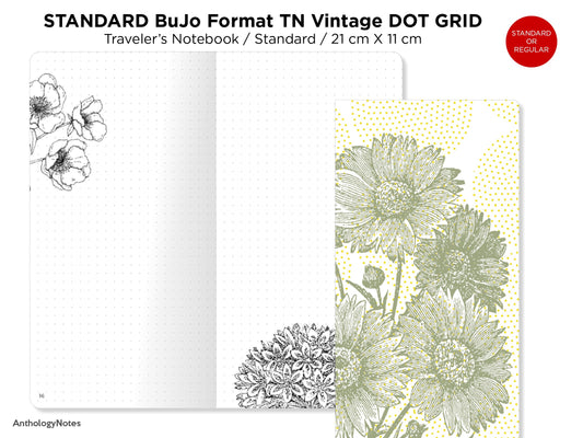 STANDARD Bullet Log Format Traveler's Notebook Floral Vintage DOT GRID,  Pre-Decorated