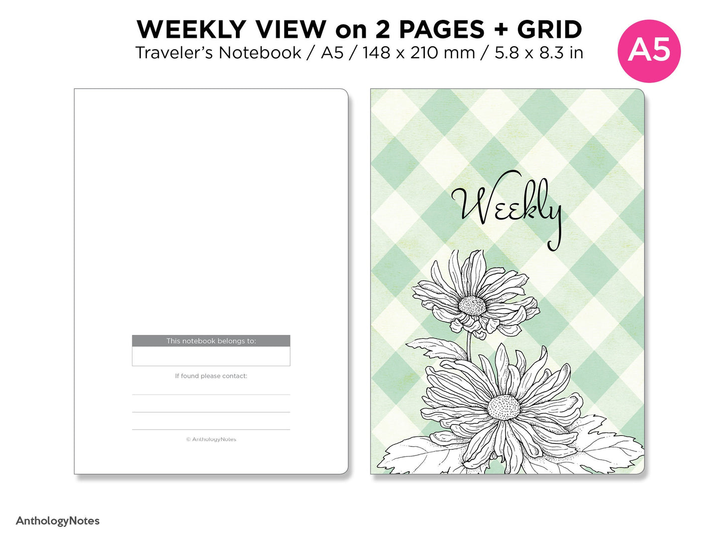 A5 Weekly View GRID Horizontal 24 Hour Tracker - Traveler's Notebook Printable Insert Undated MINIMALIST A5004