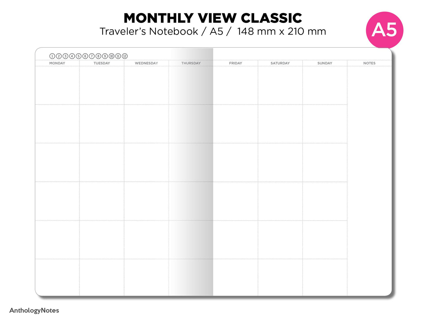 TN A5  Monthly View Classic Planner Printable Insert Traveler's Notebook Mo2P Minimalist