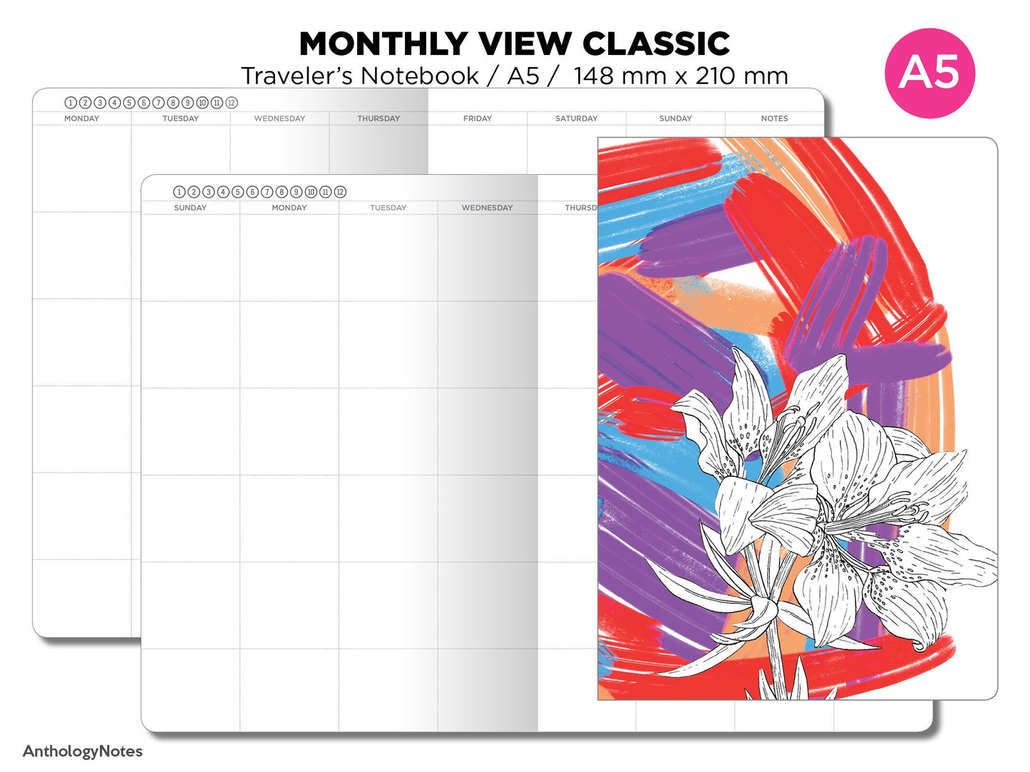 TN A5  Monthly View Classic Planner Printable Insert Traveler's Notebook Mo2P Minimalist