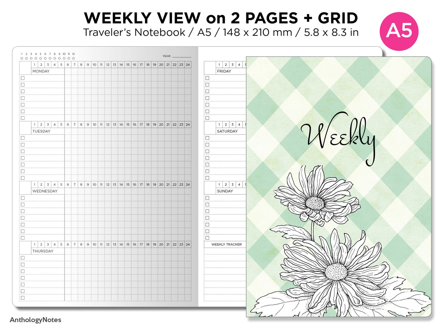 A5 Weekly View GRID Horizontal 24 Hour Tracker - Traveler's Notebook Printable Insert Undated MINIMALIST A5004