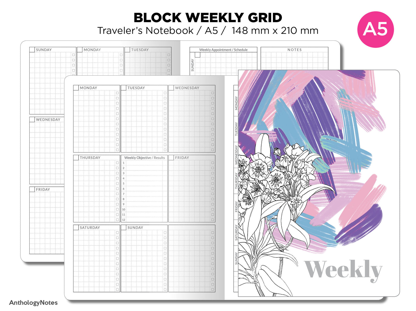 TN A5 Unique Weekly BLOCK GRID Printable Traveler's Notebook Insert