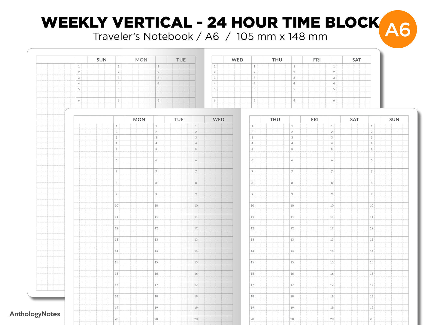 A6 Size 24 Hour TIME BLOCK Weekly VERTICAL  Printable Traveler's Notebook Insert