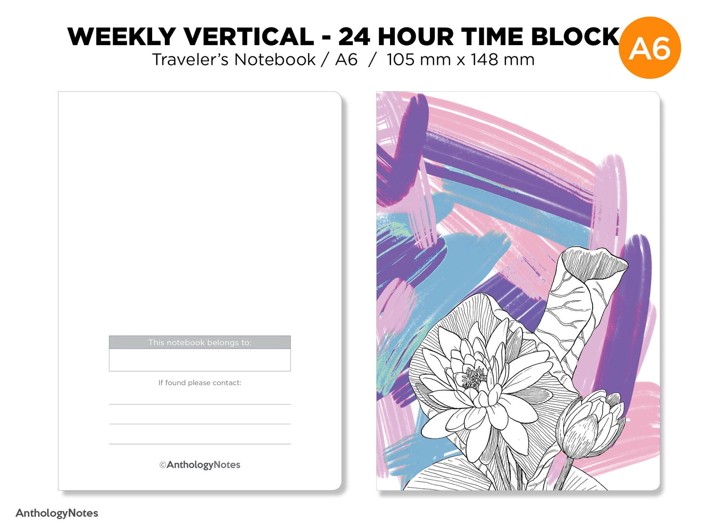 A6 Size 24 Hour TIME BLOCK Weekly VERTICAL  Printable Traveler's Notebook Insert