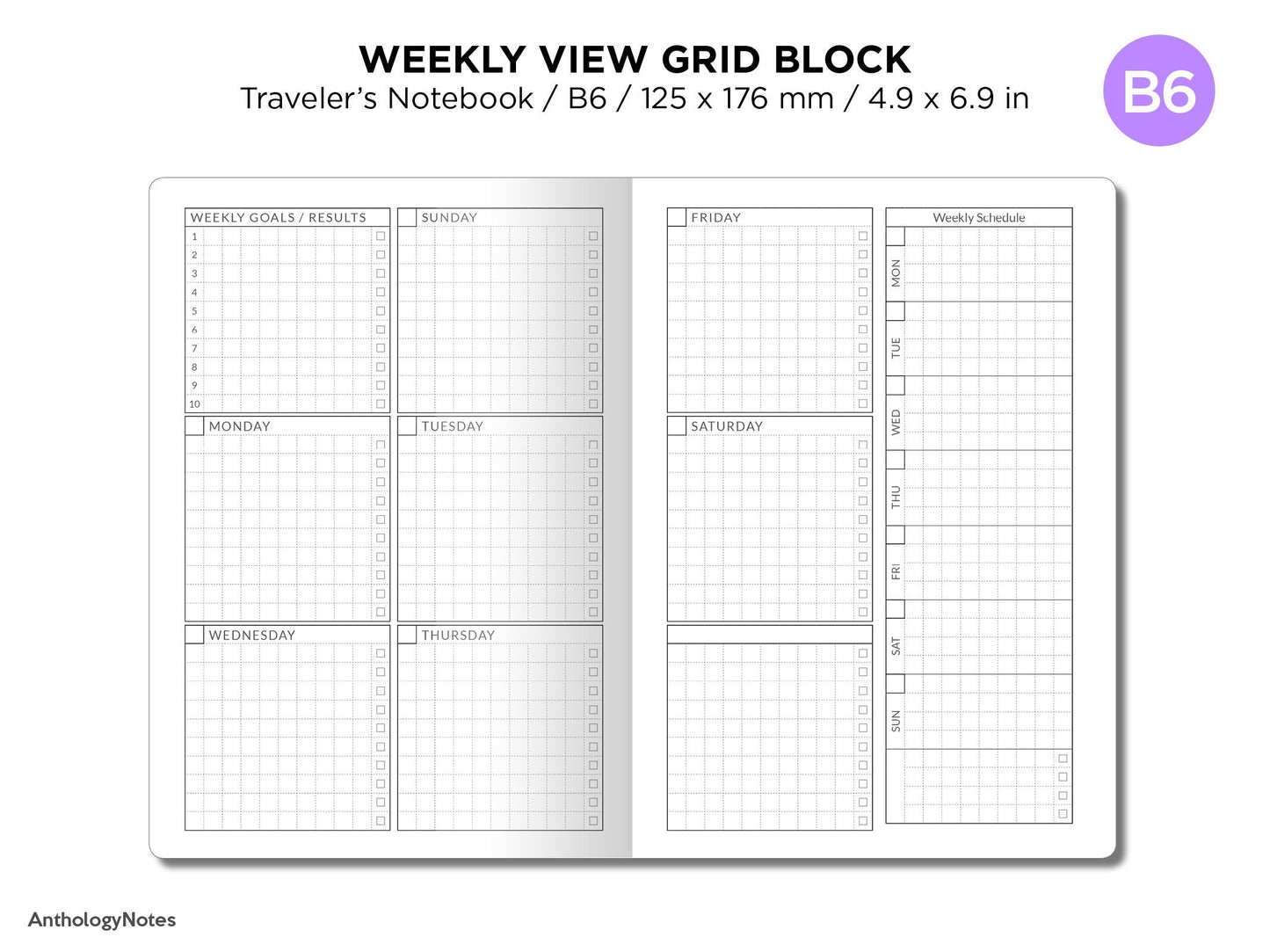 TN B6  Unique Weekly BLOCK GRID Printable Traveler's Notebook Insert