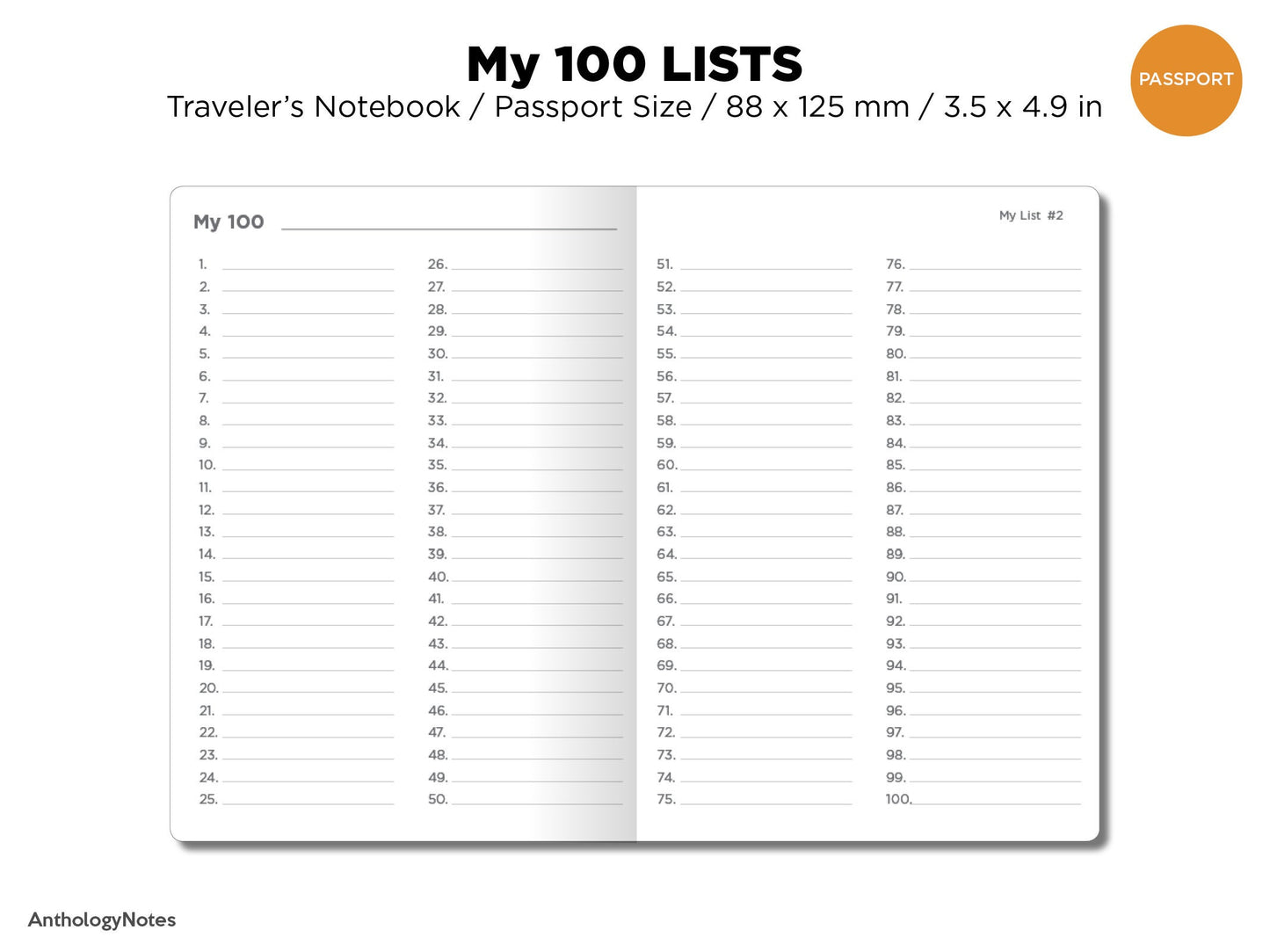 Passport Size My 100 Lists Printable Planner Traveler's Notebook Insert