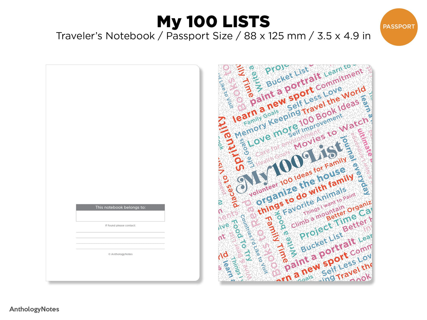 Passport Size My 100 Lists Printable Planner Traveler's Notebook Insert