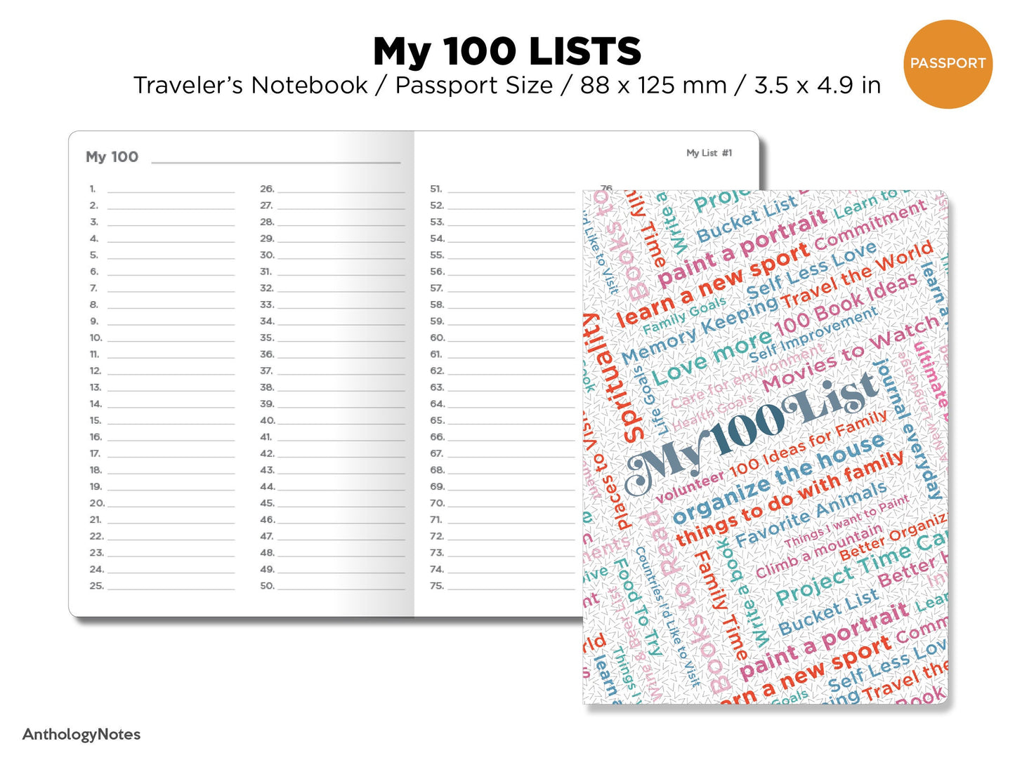 Passport Size My 100 Lists Printable Planner Traveler's Notebook Insert