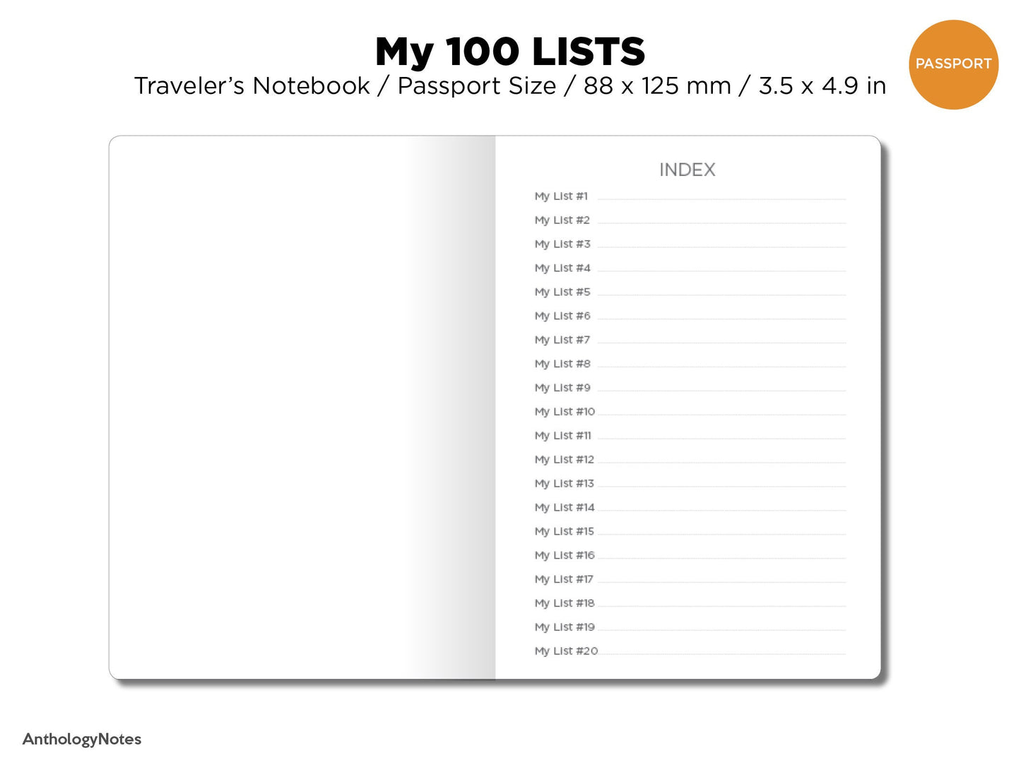 Passport Size My 100 Lists Printable Planner Traveler's Notebook Insert