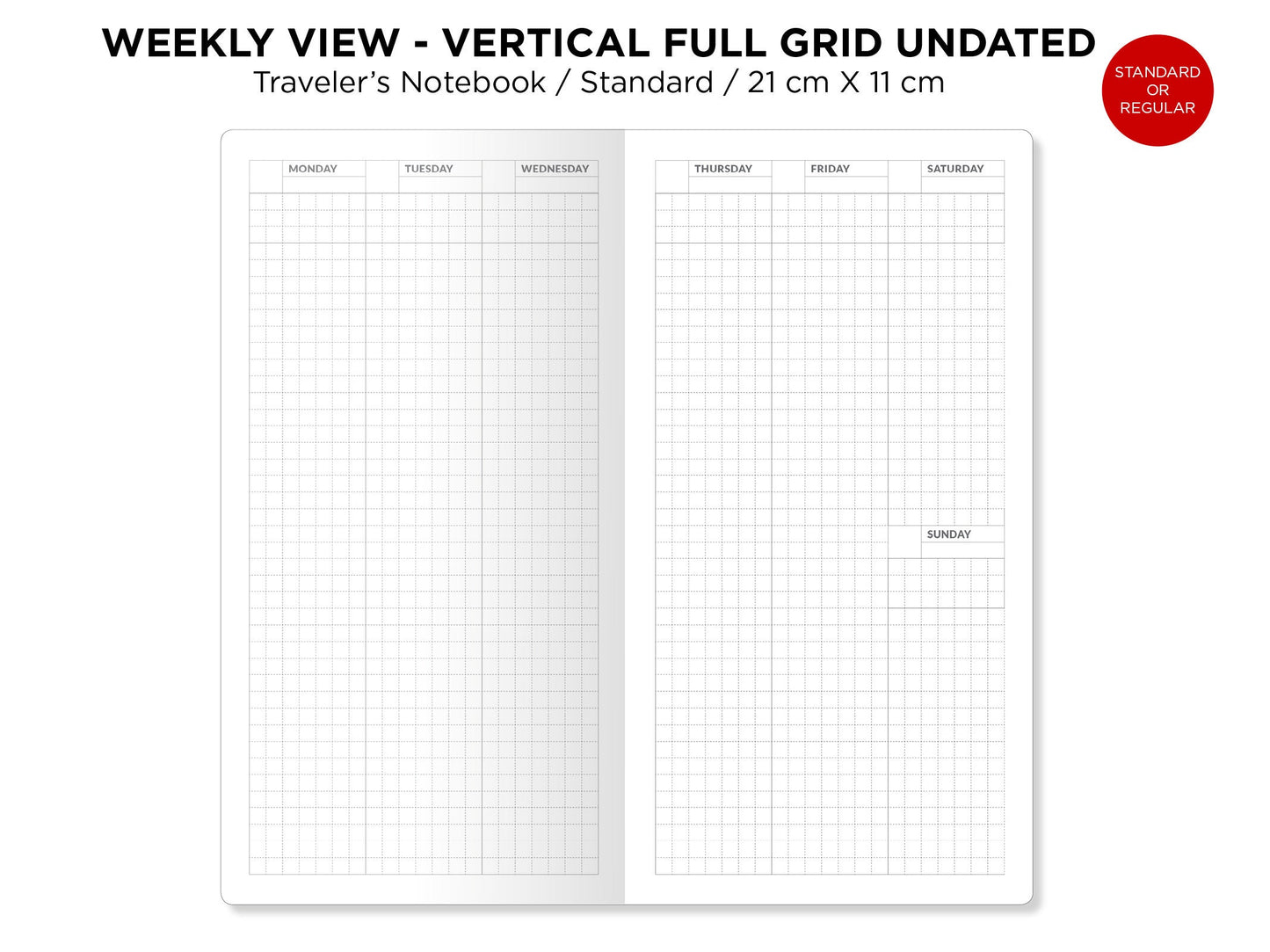 Traveler's Notebook Standard Size Printable Insert Weekl GRID VERTICAL Undated